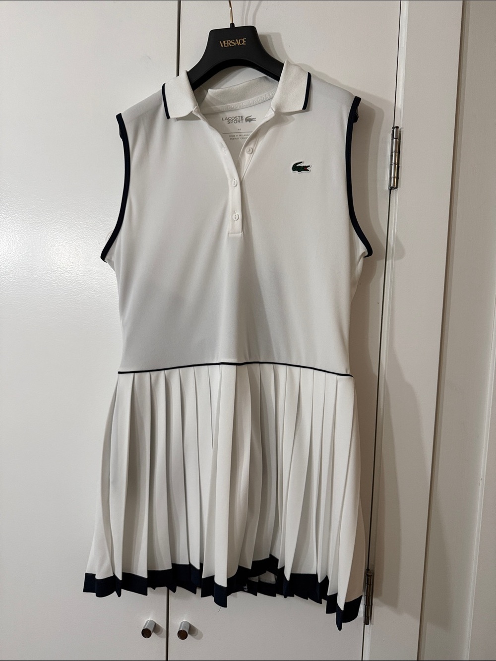 NWT Lacoste White Sleeveless Pleated Polo Dress with Navy Piping and Shorts!
